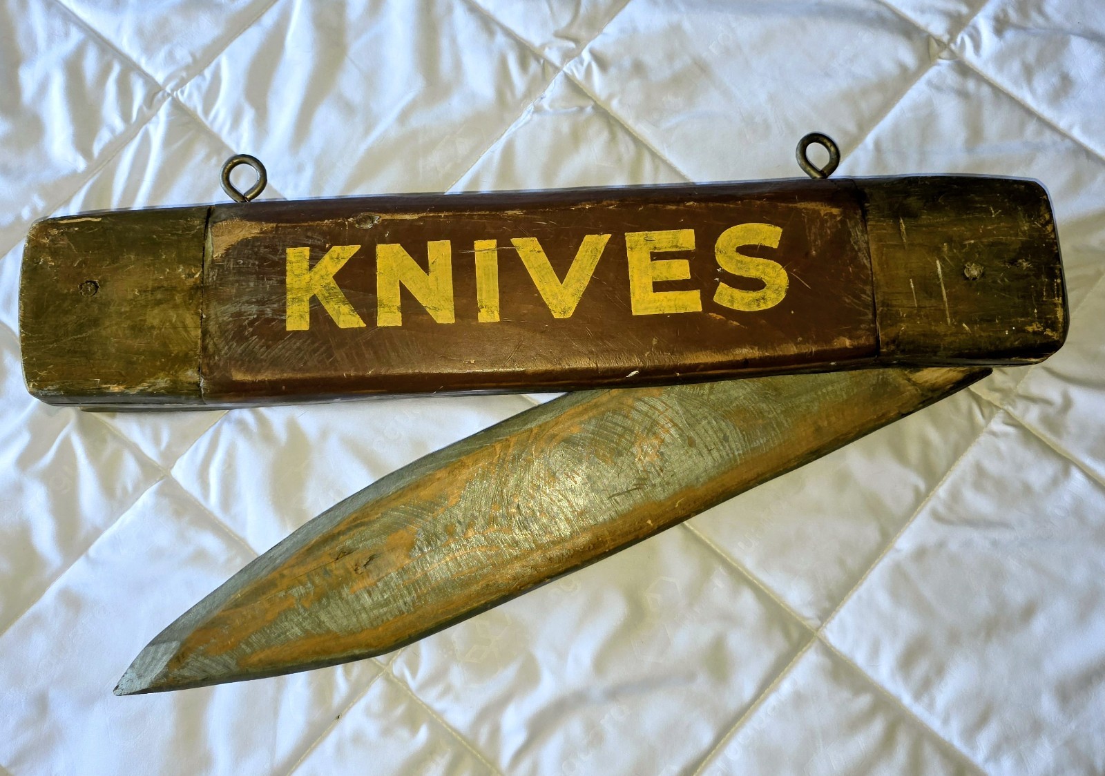 Antique Folk Art Folding Pocket Knife Trade Sign Wooden KNIVES Store Display