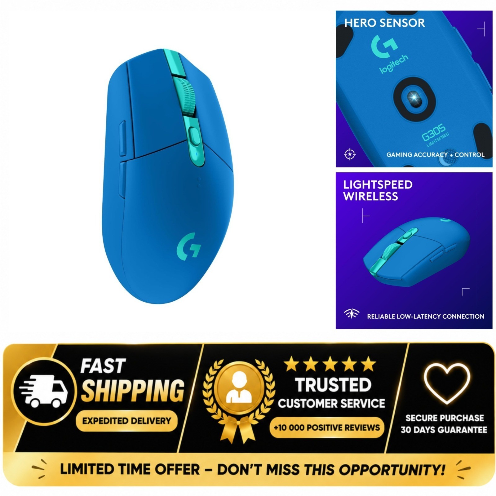 Logitech G305 Lightspeed Wireless Gaming Mouse Blue HERO Sensor 12000 DPI