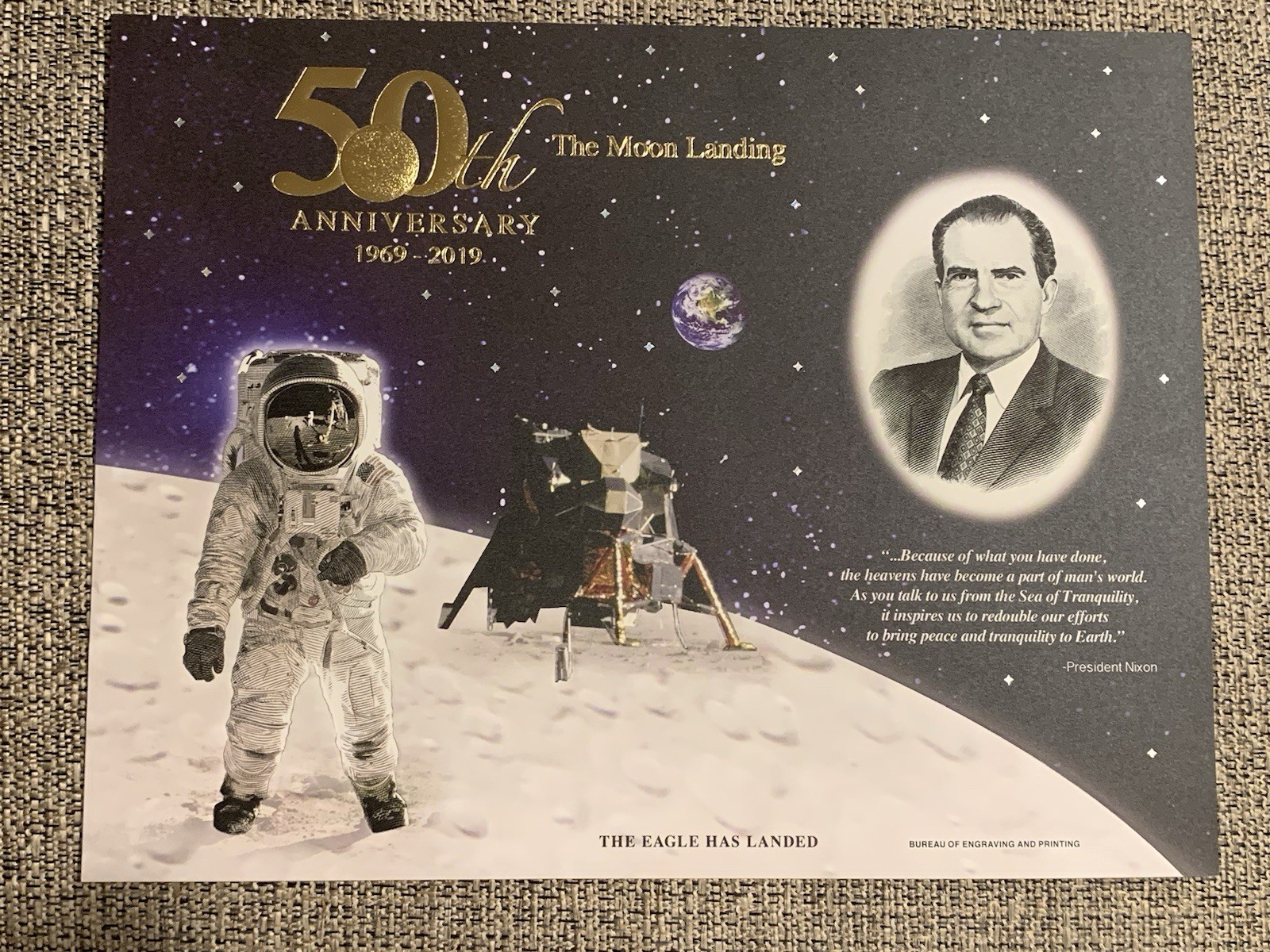 2019 Apollo 11 50th Anniversary Engraved Print: Eagle Has Landed  1969-2019 ~BEP