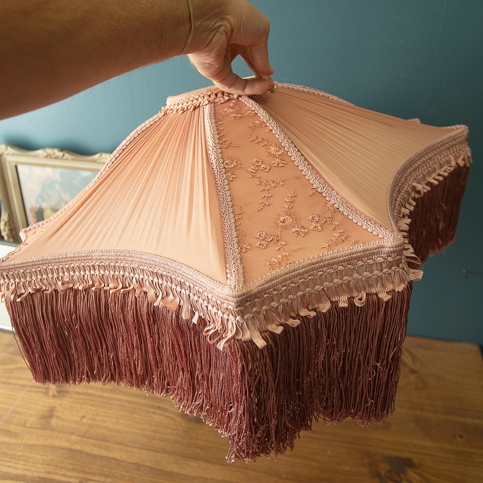 Vtg Victorian Style Lamp Shade With Fringe Pink Mauve Large 22