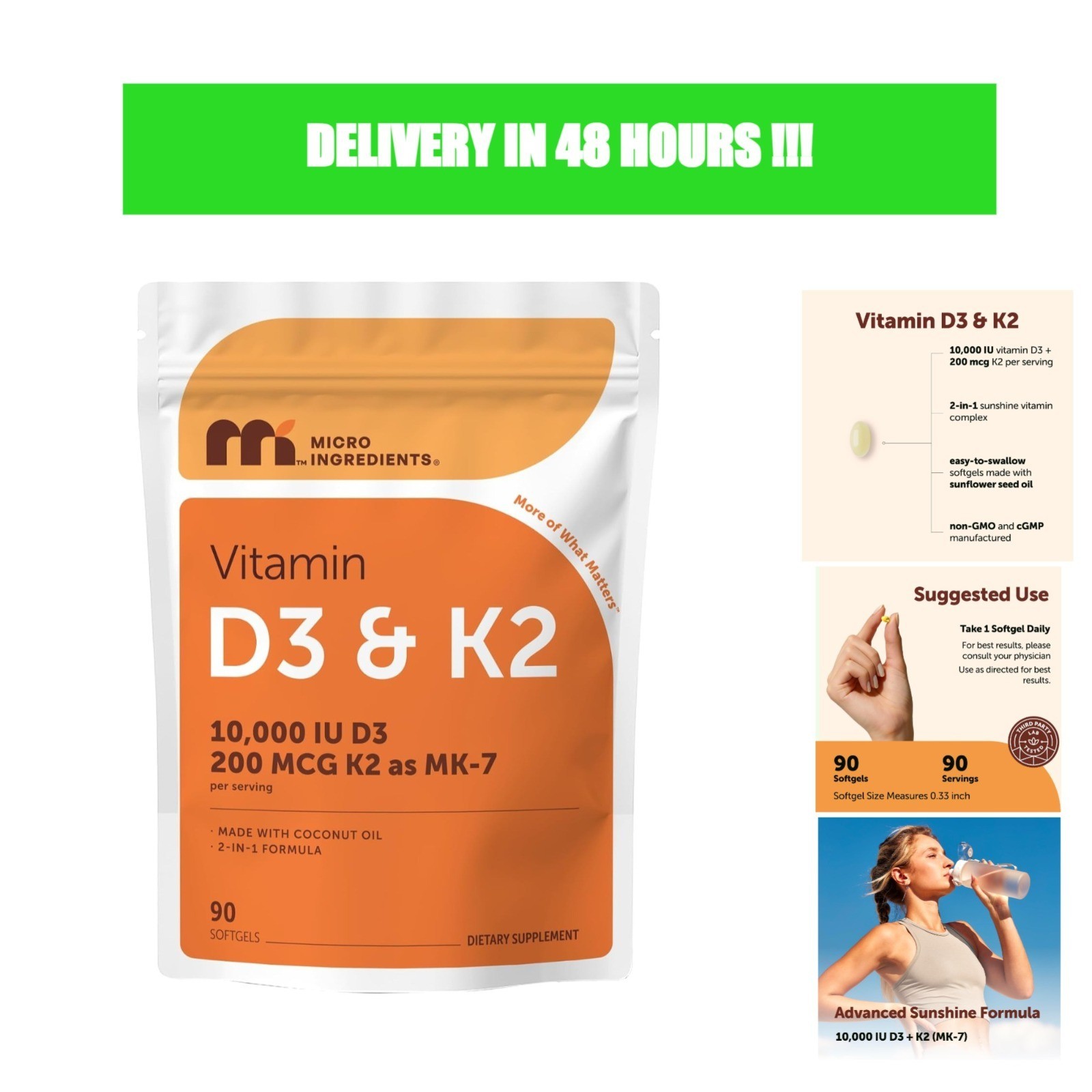 Micro Ingredients Vitamin D3 10000 IU + K2 MK-7 200 mcg, 90 Softgels, Non-GMO