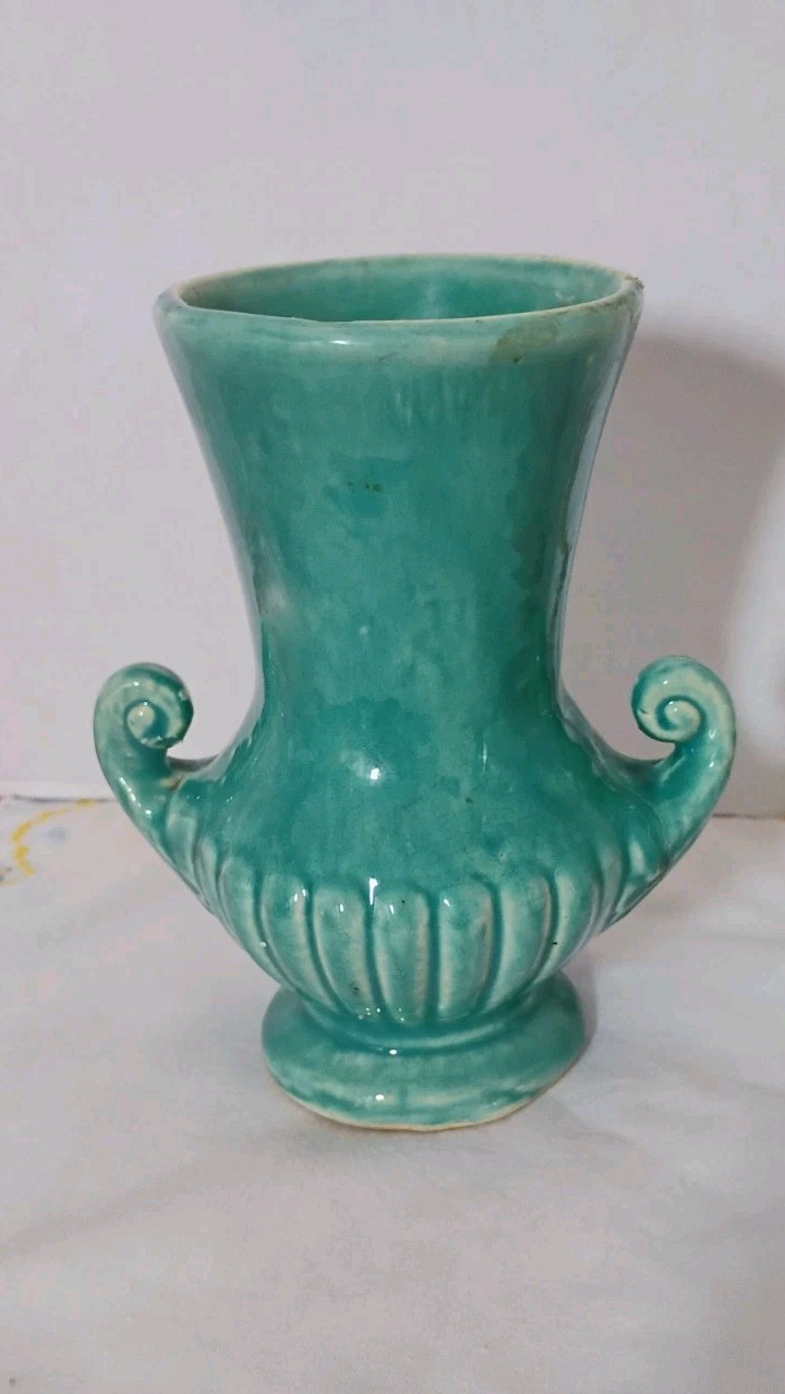 Vintage McCoy Turquoise Vase Fluted Scroll Handles 6” USA Pottery