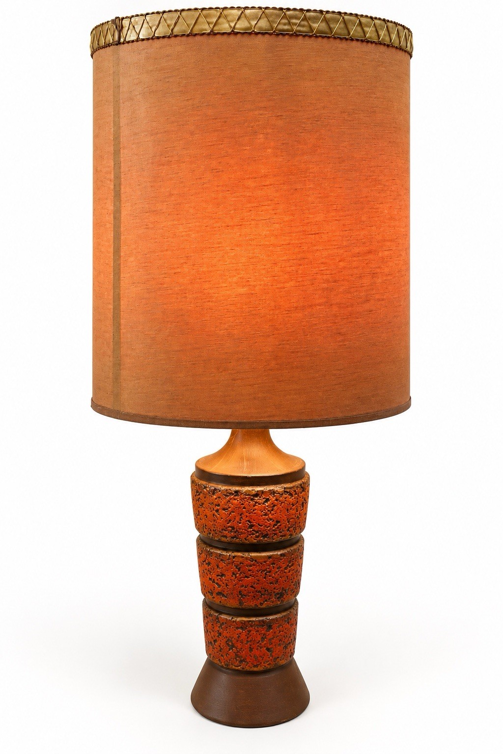 Vintage 1966 C.N. Burman Brutalist Table Lamp Fat Lava Orange MCM W/Period Shade