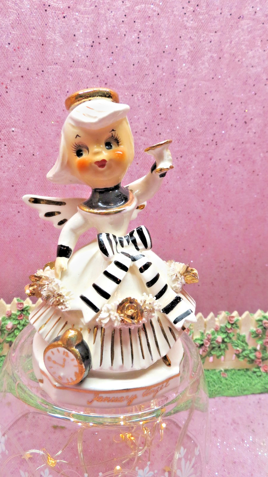Vtg  RARE TMJ January Angel New Years Clock GOLD ROSES Striped Sash Bow Dress