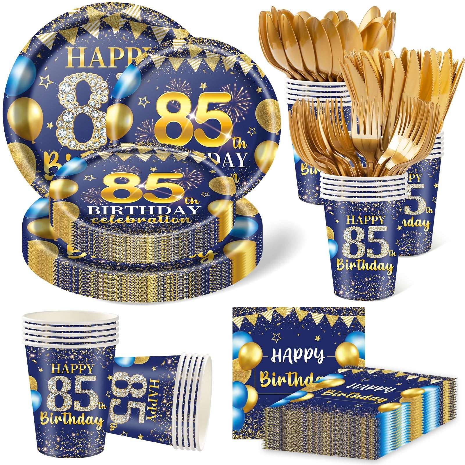 350PCS 85th Birthday Party Decorations for 50 Guests Blue and Gold Party Supp...