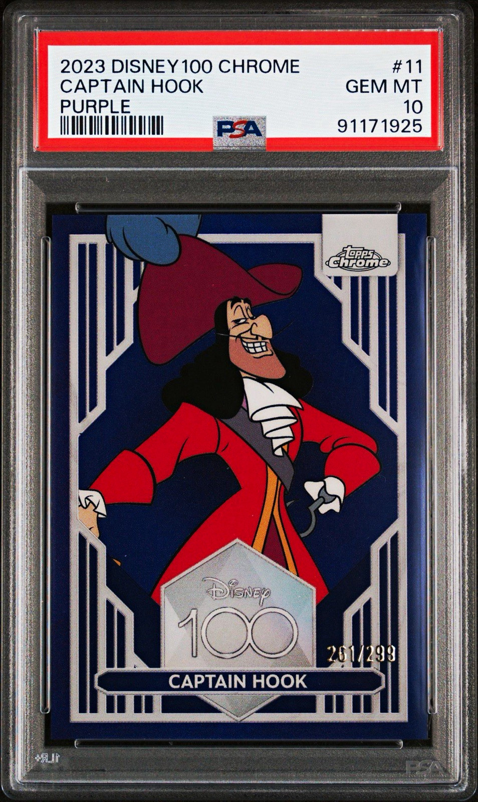 2023 Topps Chrome Disney 100 Captain Hook Purple Refractor /299 PSA 10 Peter Pan