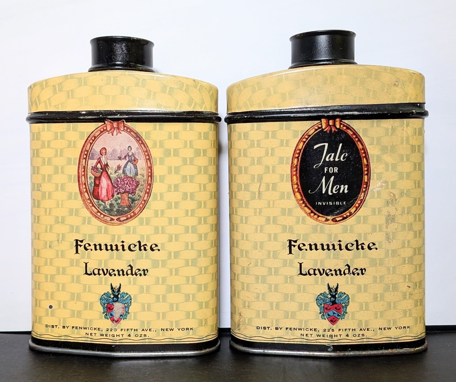 Vintage 1940s Fenwicke Lavender Talcum Powder Tins NOS Men Ladies Weave Pair