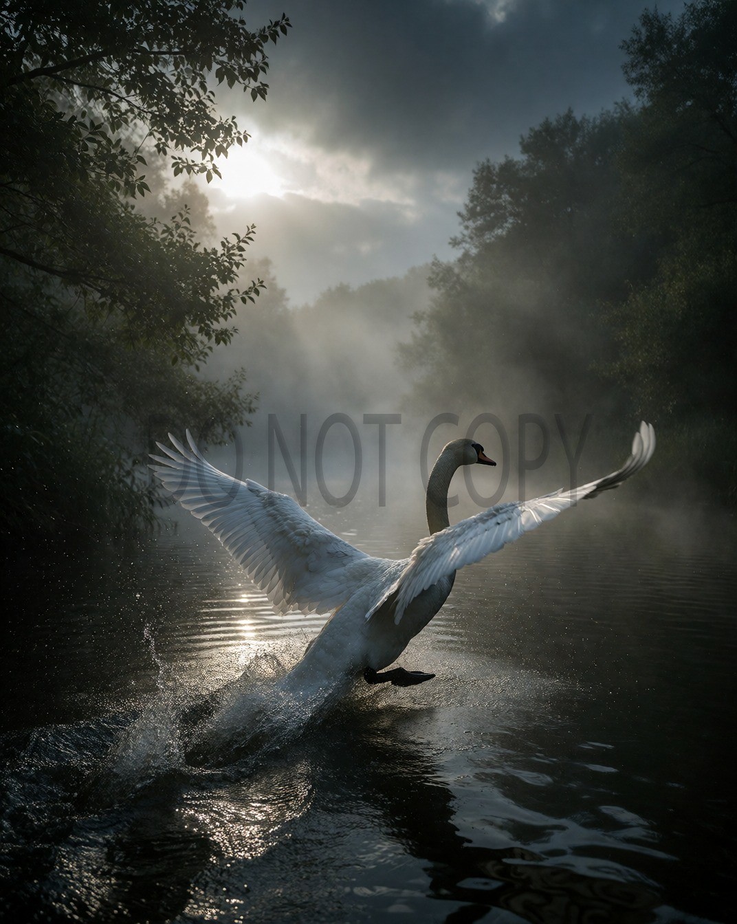 Swan Taking Flight Misty River Sunbeams Nature Art Print - AI Generated