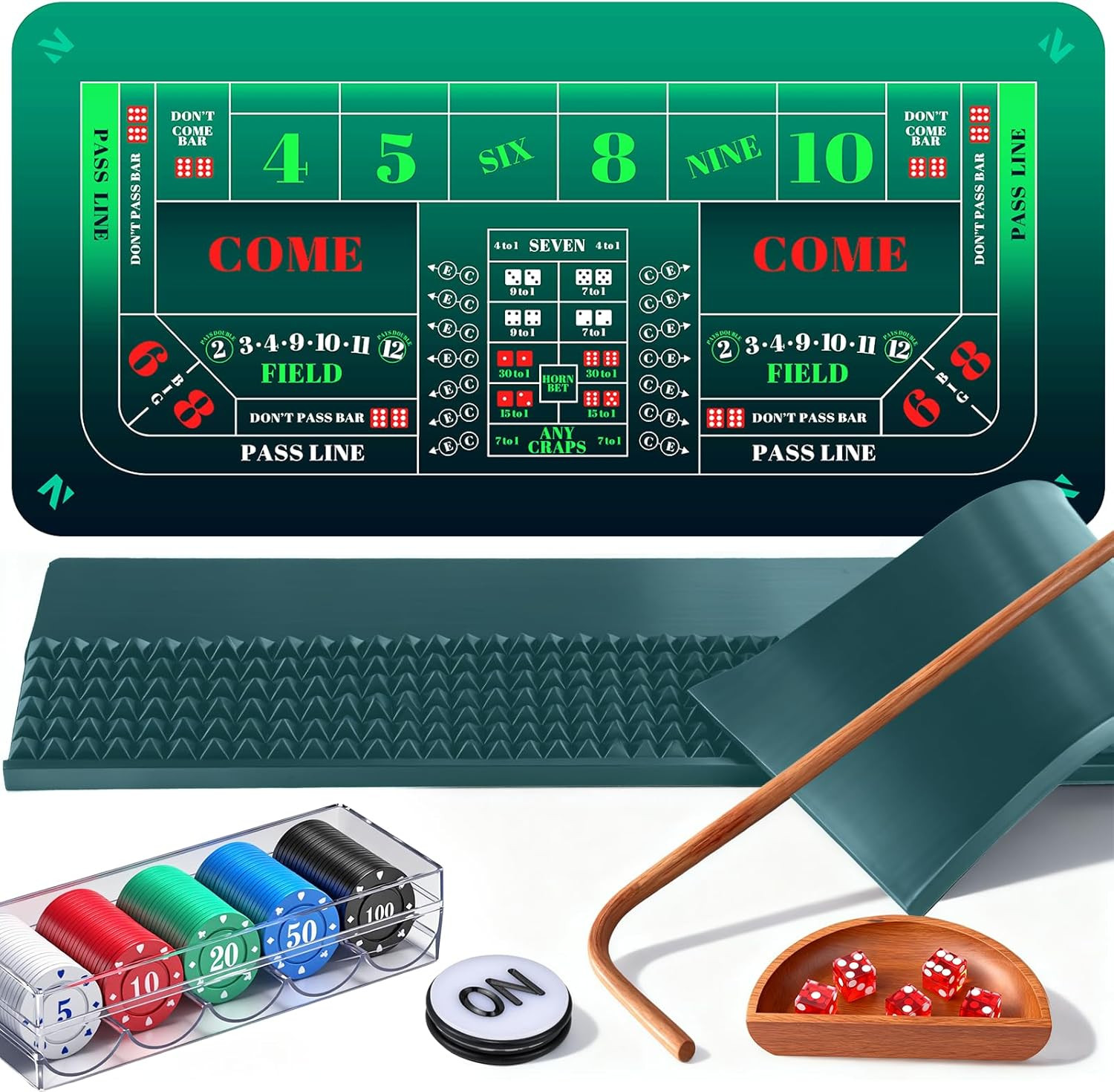 Craps Game Set: 35×70” Craps Tabletop Layout, 48X11”Rubber Diamond Pyramid Bumpe