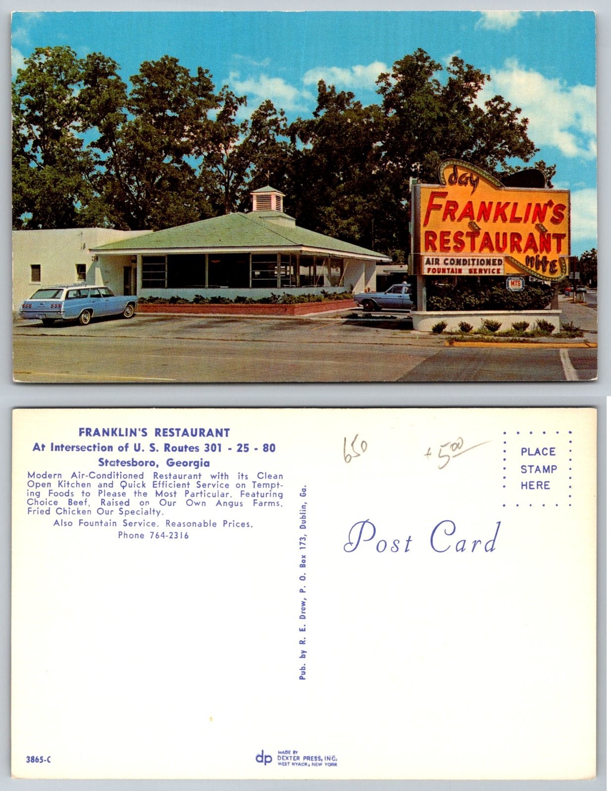 Standard Franklin's Restaurant Statesboro Georgia Postcard