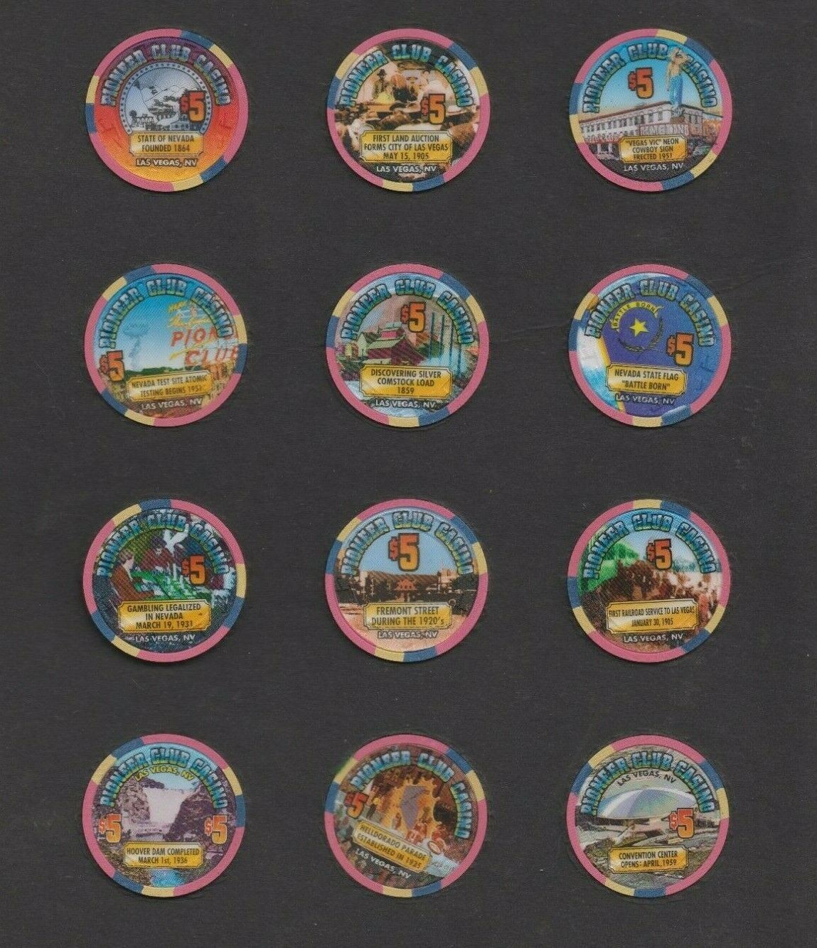 Pioneer Club $5 Casino Chip Set- Complete 12 Pcs- Set LV UNCIRCULATED  #1225