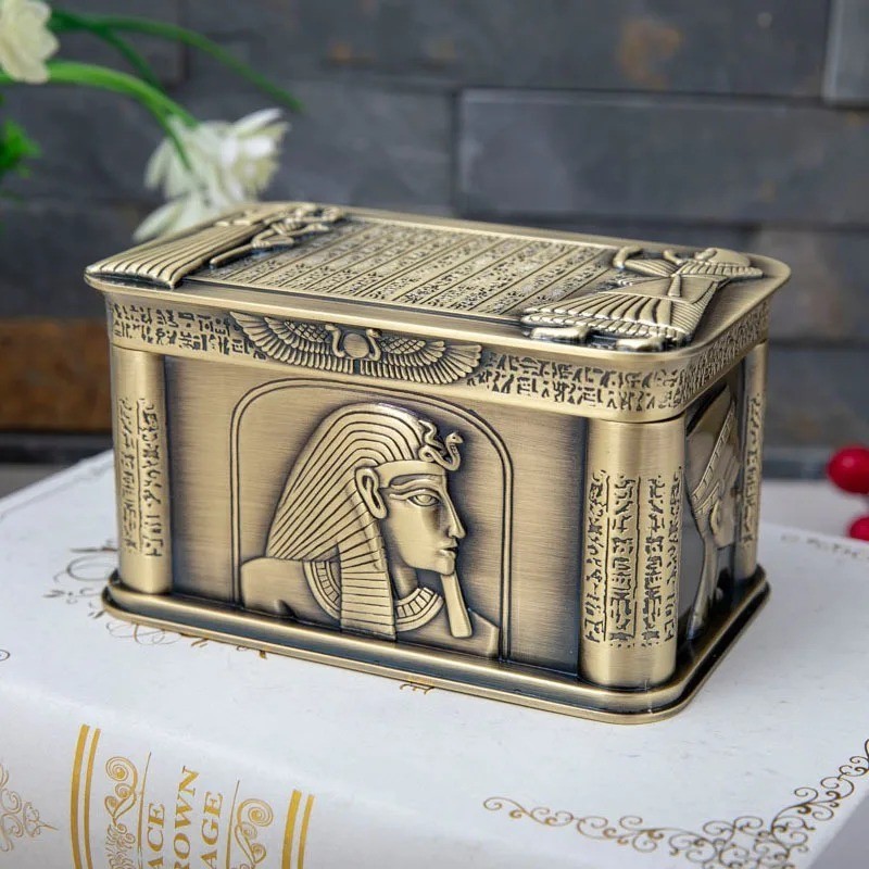 Vintage Egypt Pharaoh Metal Relief Jewelry Box Egyptian Gift Storage Case Home A