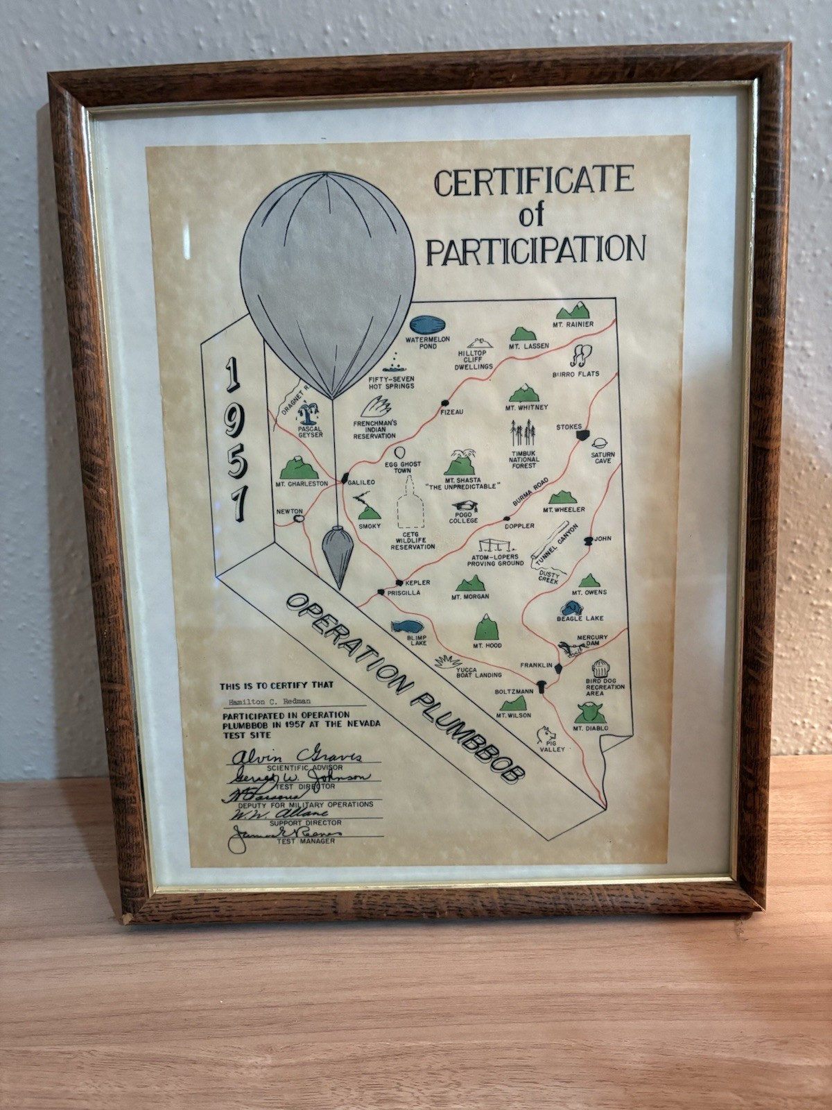 VERY RARE 1957 Operation Plumbbob Certificate of Participation Map of Nevada
