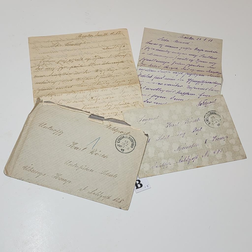 2) antique handwritten letters WWI German Feldpost letters 1917 18 world war B18