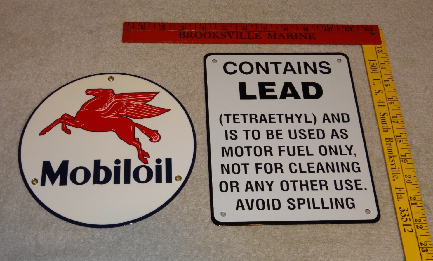 VINTAGE LOT 2 DIECUT PORCELAIN MOBIL MOBILOIL & GASOLINE CONTAINS LEAD  OIL SIGN