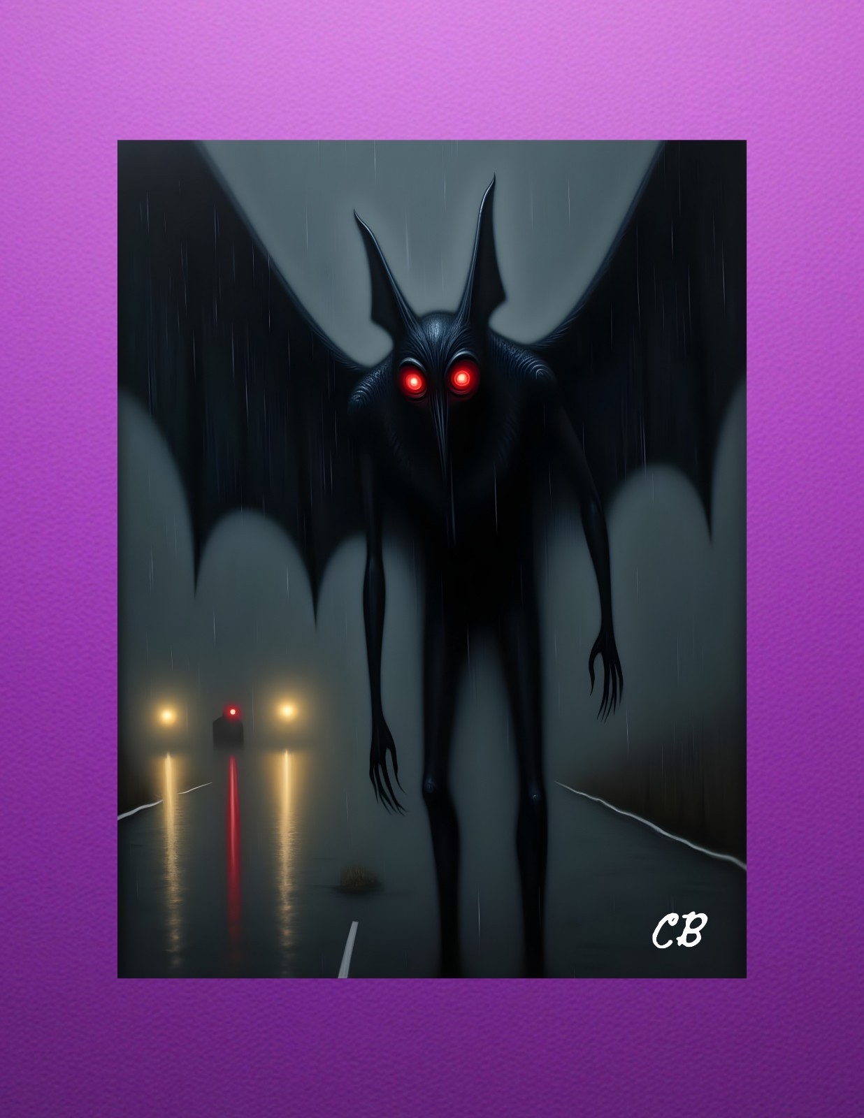 Mothman Highway ACEO | Red Eyes Night Road | Cryptid Encounter Dark Horror Art