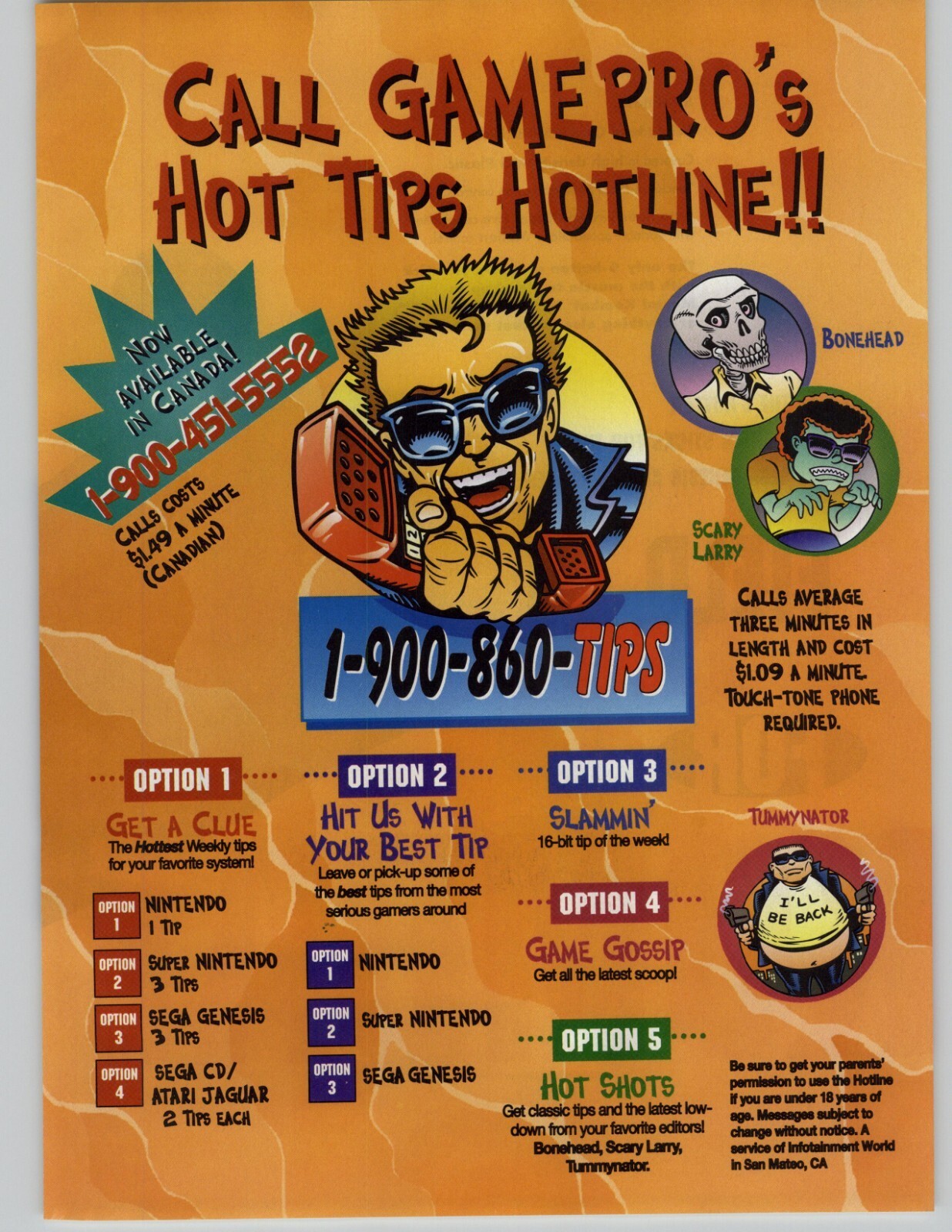 1994 GamePro Video Game Hot Tips Hotline #900 Cartoon Art Vintage Print Ad