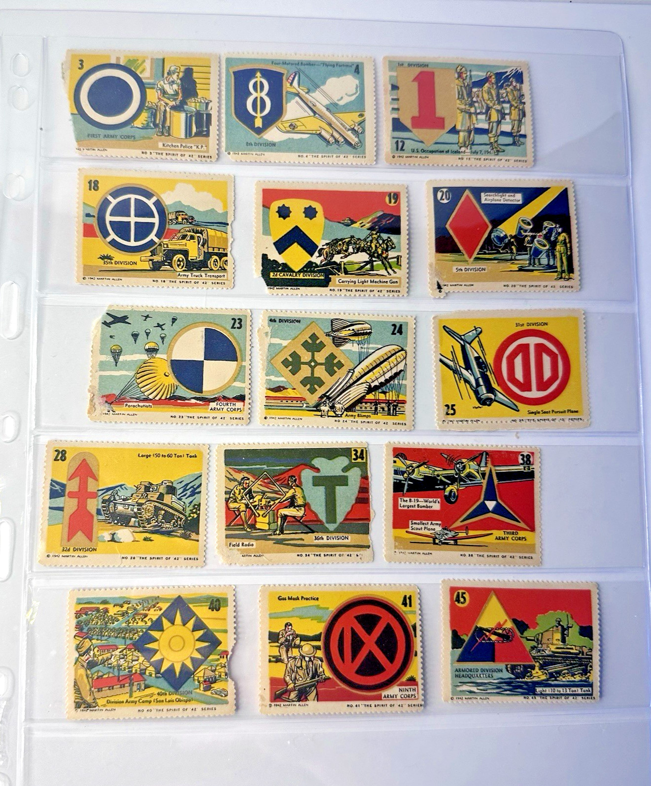 1942 “The Spirit of ’42” partial set of 15 patriotic WWII gummed seals / labels