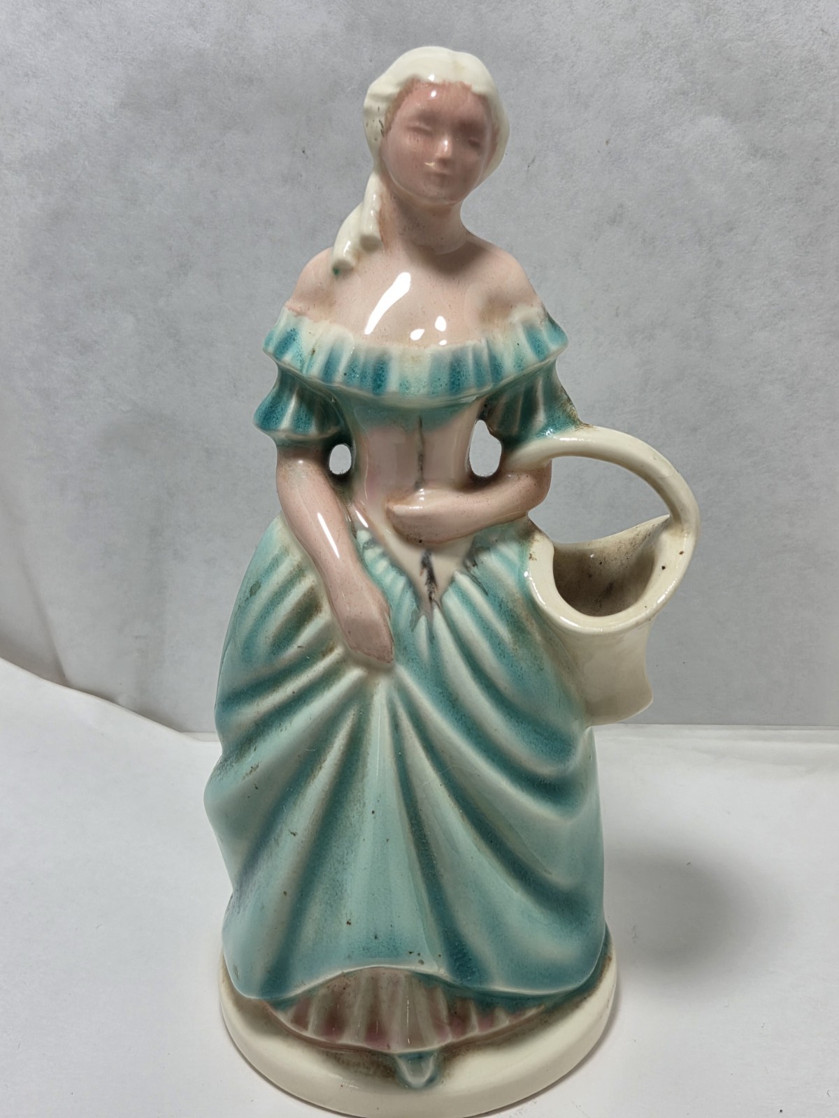 Vintage Victorian Woman Figurine Green Dress Carrying Basket. USA??