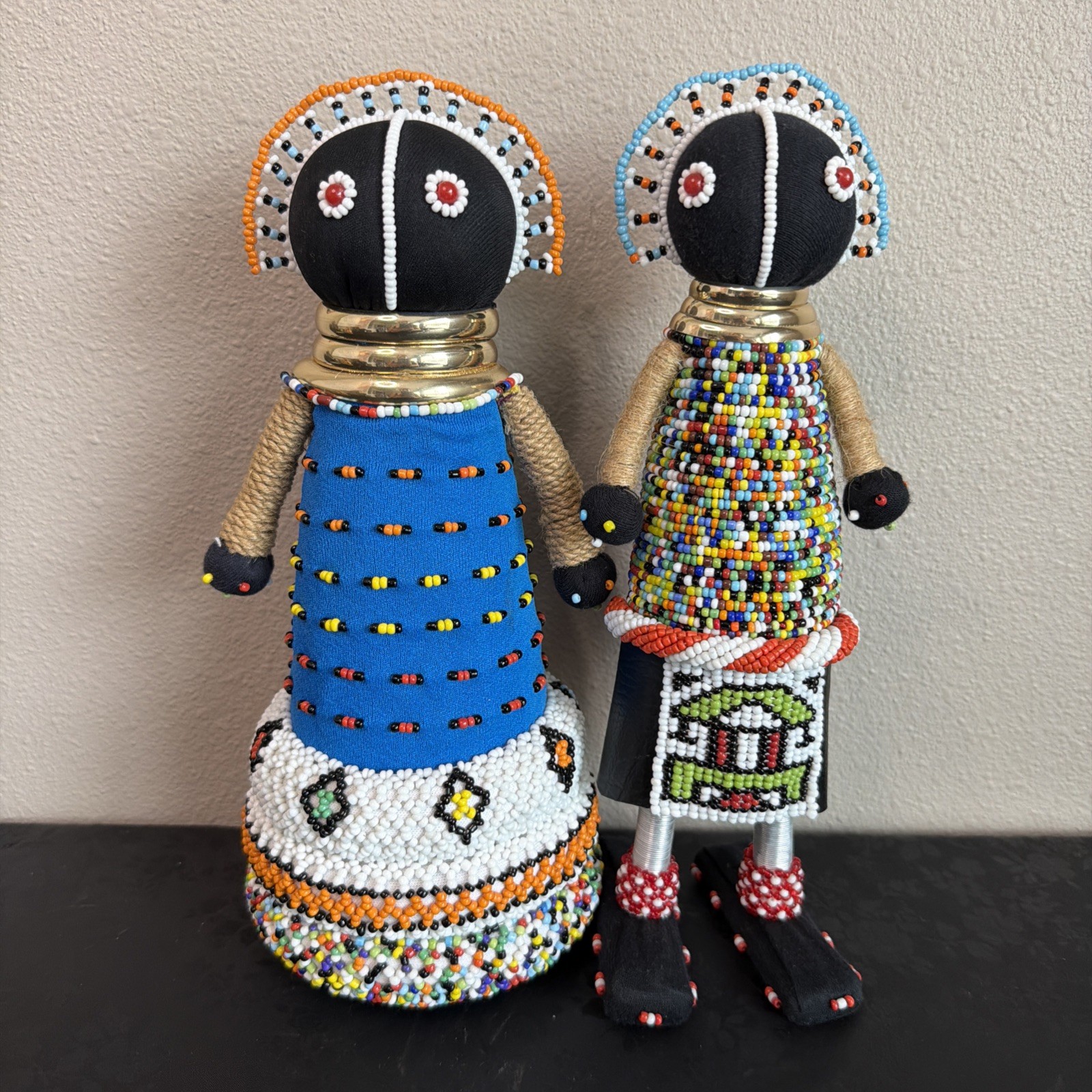 Vintage South African Ndebele Beaded Dolls Pair 12” Handmade Tribal Folk Art