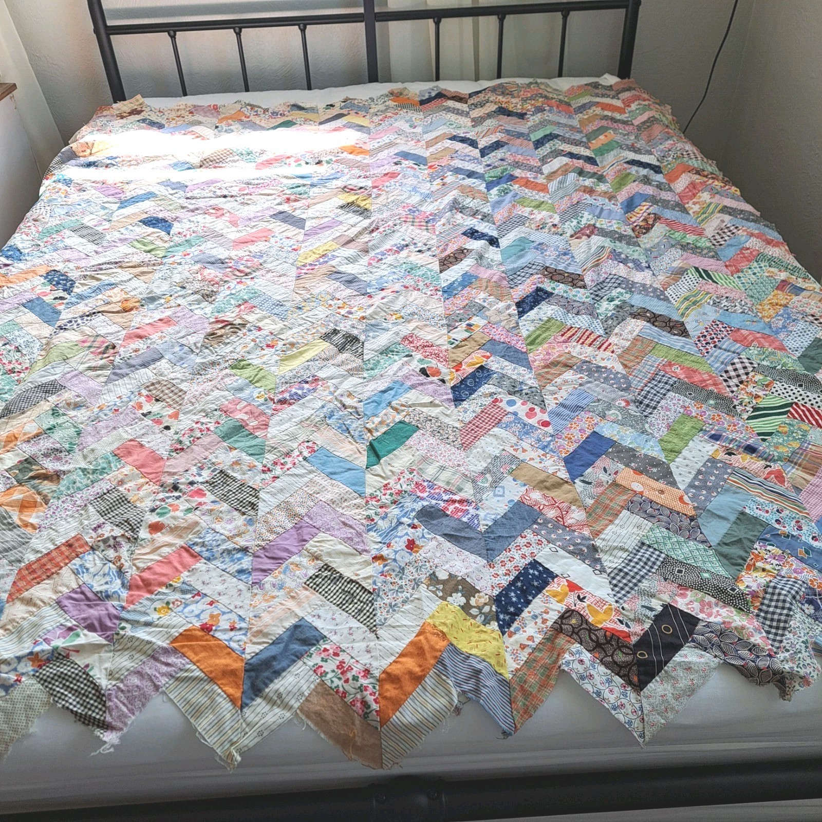 Vintage Hand Sewn Scrappy Quilt Top Herringbone/Chevron 78\