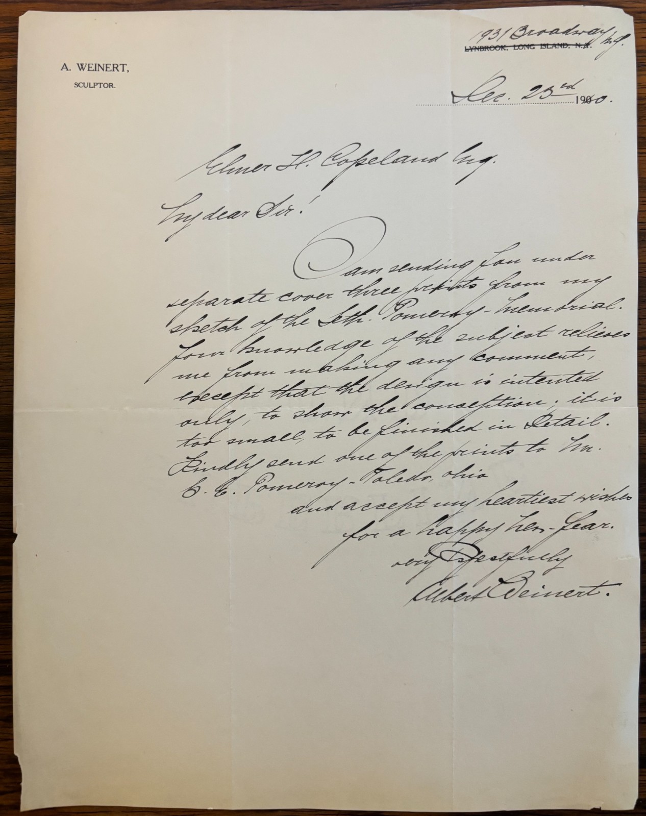 ALBERT WEINERT NOTED SCULPTOR AUTOGRAPH LETTER SIGNED New York City Art History