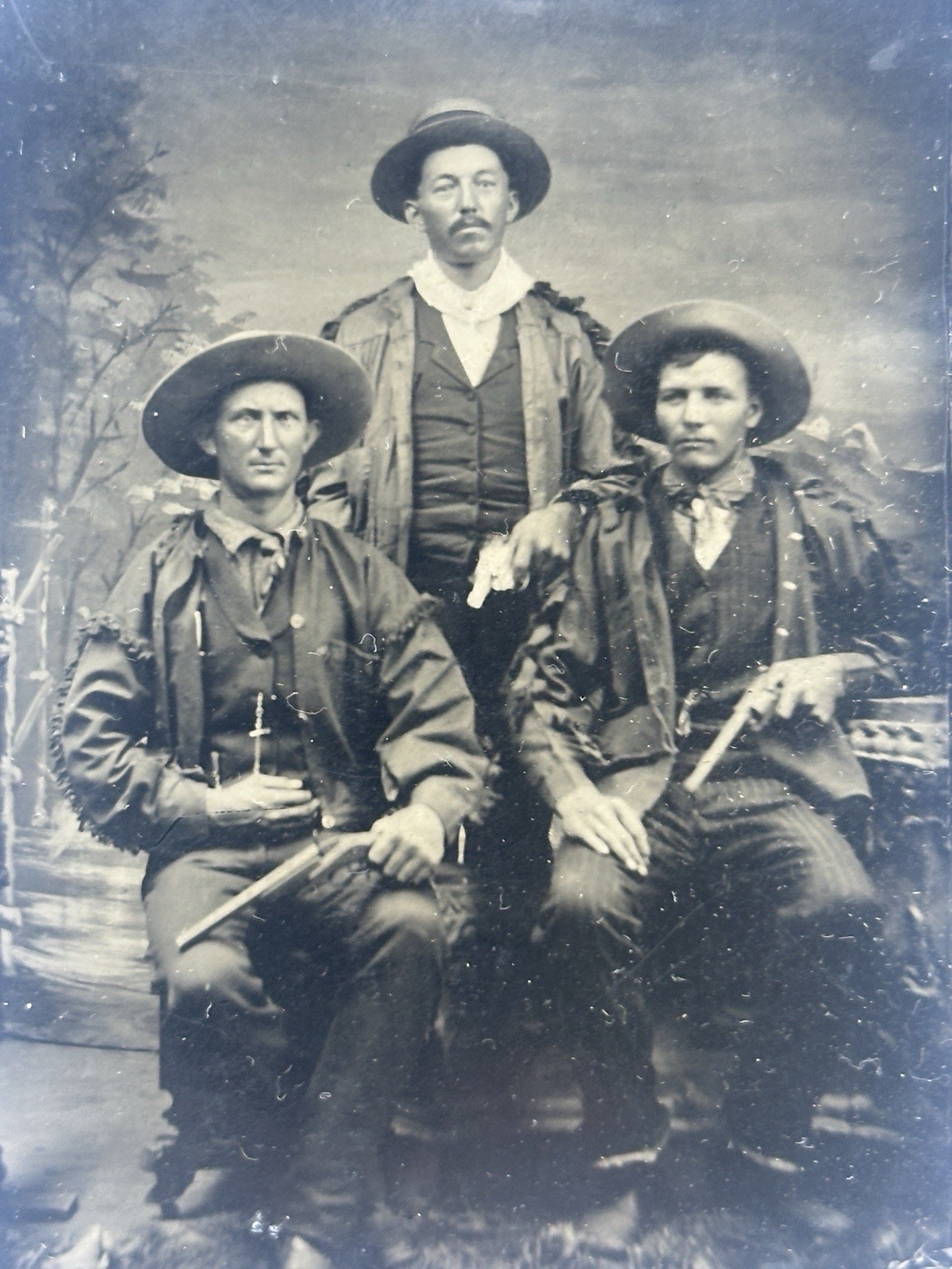 Civil War Tintype 3 Armed Men Pistols Western Fringed Coats Union  case outlaws?