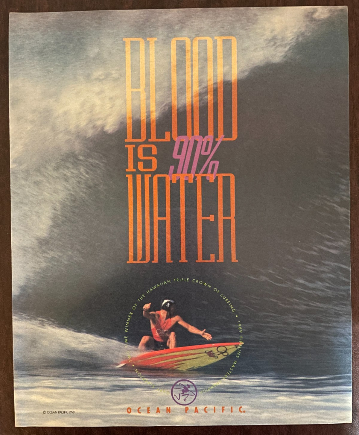 1990 Ocean Pacific Surfing Vintage Print Ad Gary Elkerton Hawaiian Pipeline