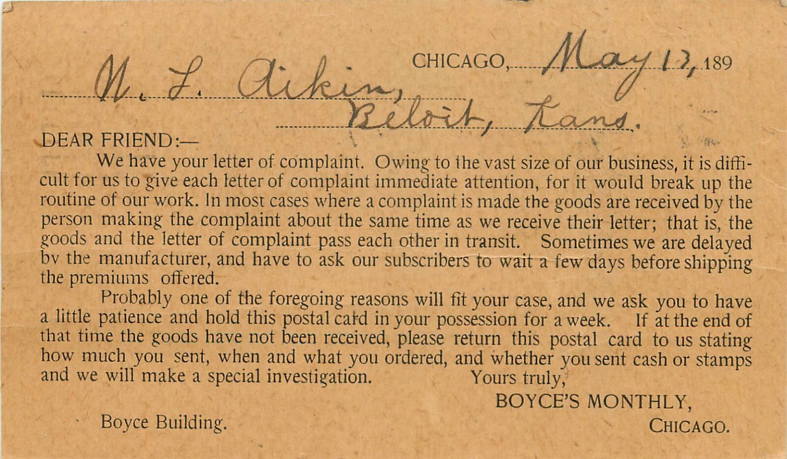 1890s Boyce's Monthly Letter of Complaint Reply Card, Chicago, Illinois Postcard