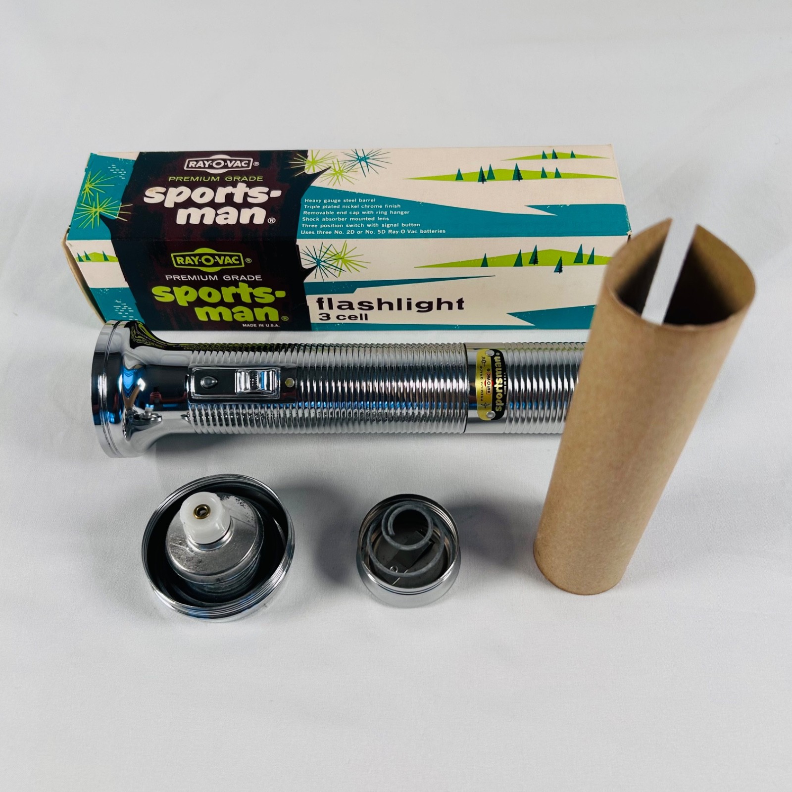 Vintage Ray-O-Vac Sportsman Premium Grade 3 Cell Flashlight S32F W/Box USA