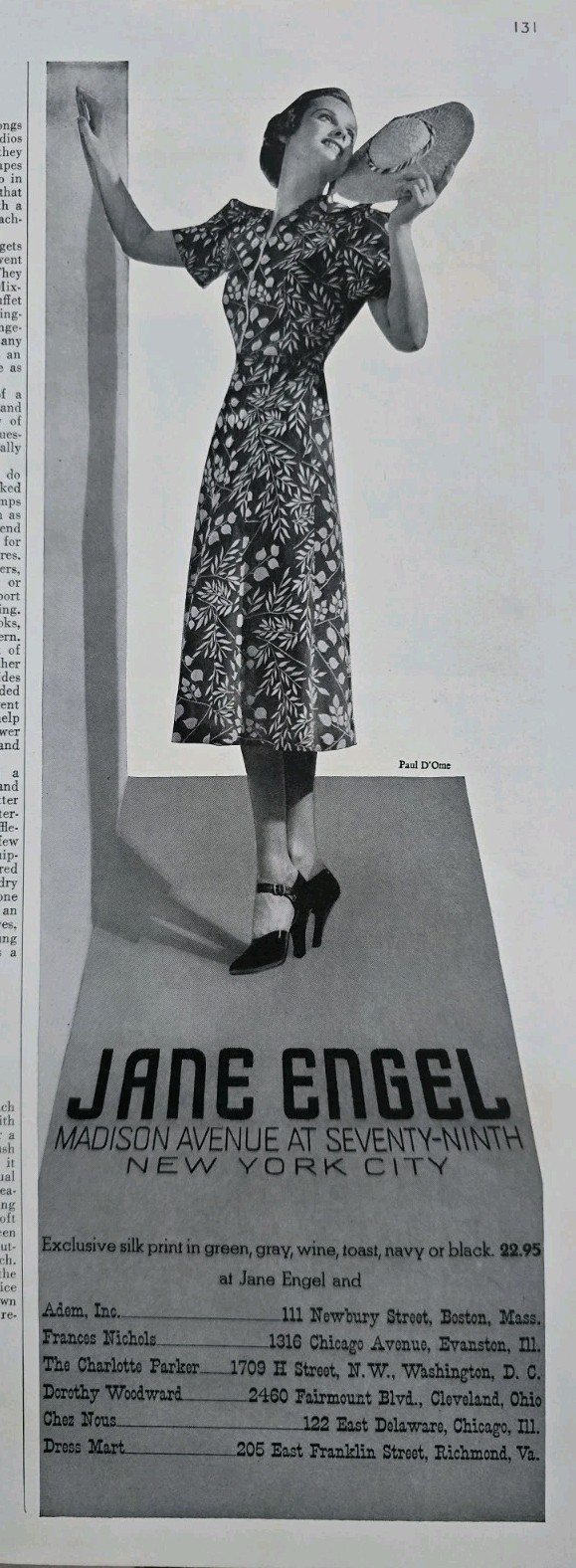 1937 Jane Engel Women\'s Silk print dress vintage Fashion ad