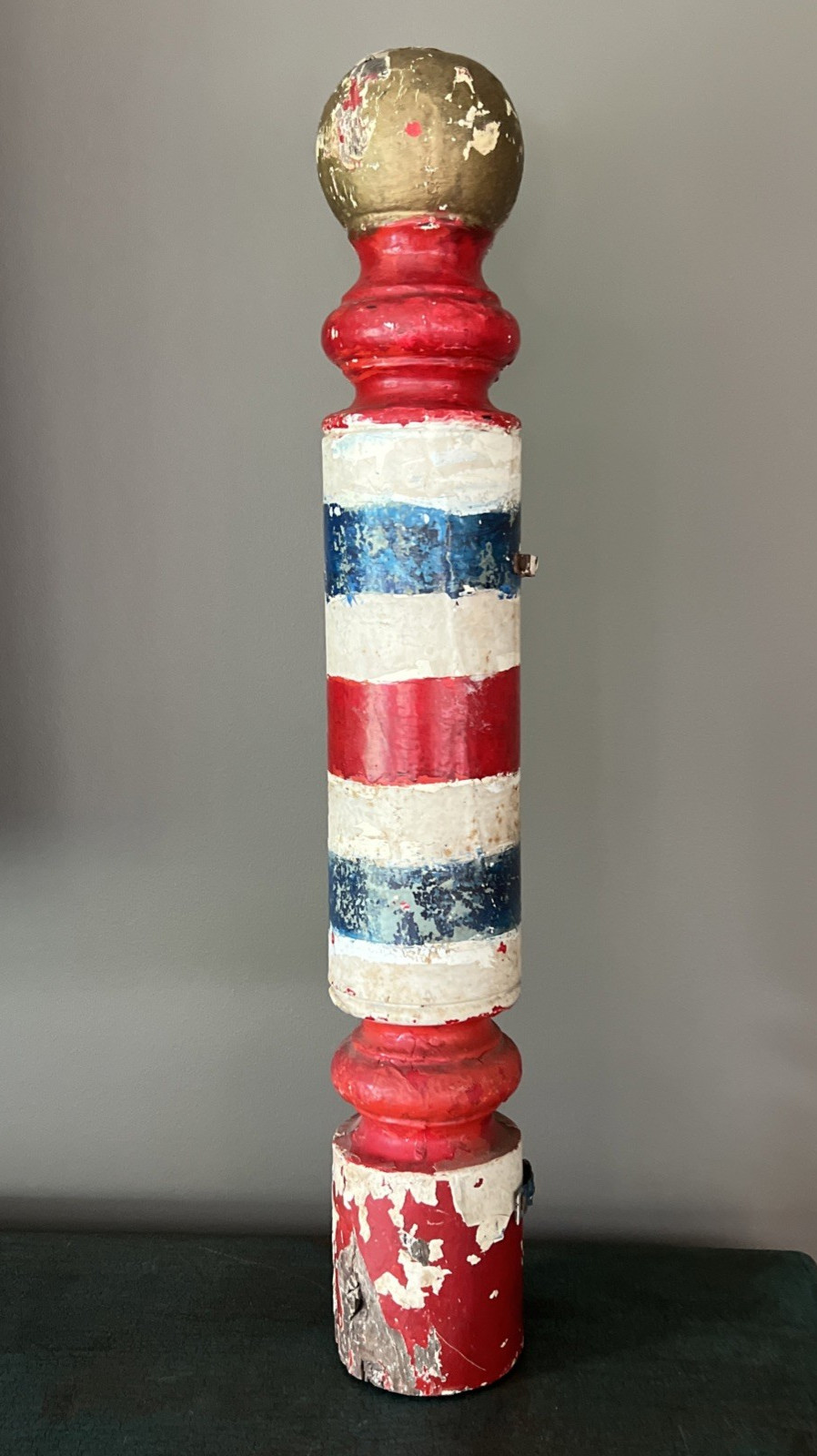 ATQ. PRIMITIVE LATE 19th CENTURY WOOD BARBER POLE HAND TURNED & PAINTED 24 3/4