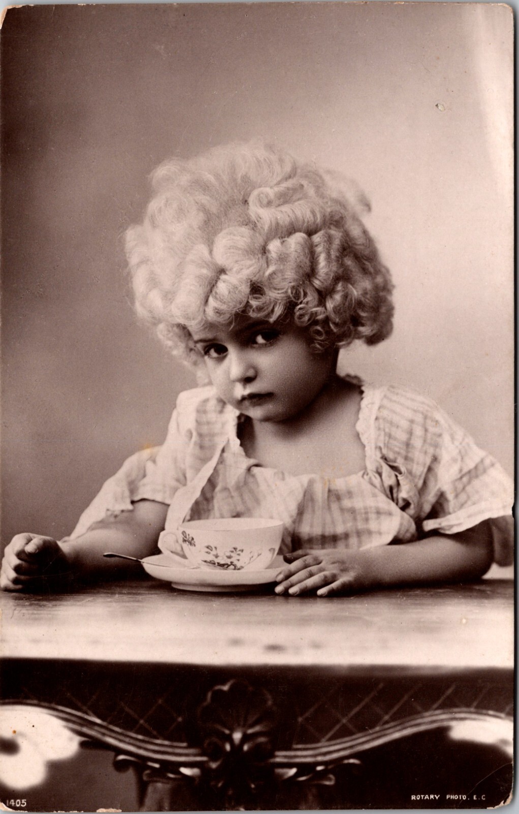 THE MOST ADORABLE LITTLE GIRL : CURLS GALORE : HAVING A CUP OF TEA : RPPC