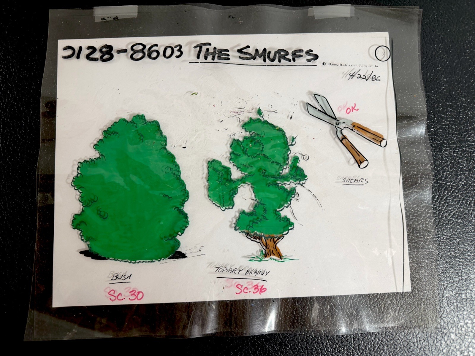 The Smurfs Original Production Cel 1986 Topiary Brainy Bush Shears Model Sheet