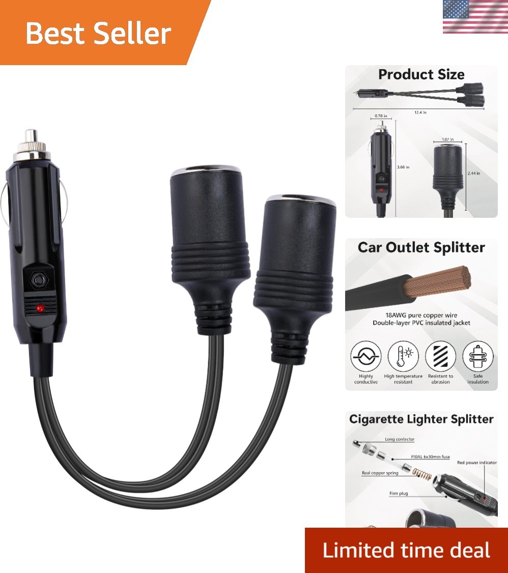 12V Double Cigarette Lighter Adapter, 1 to 2 Car Cigarette Lighters Splitter 2 S