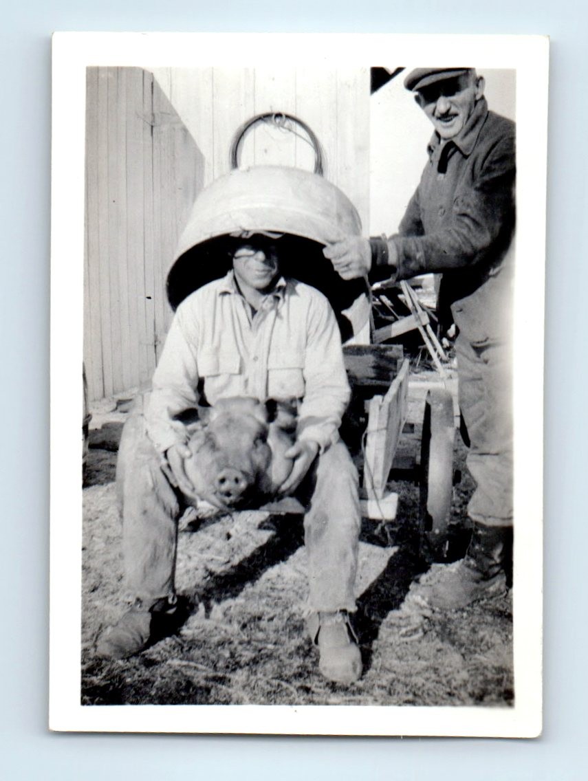 Old Vintage Photo PAIR DUO MEN BIZARRE PIG HEAD BETWEEN LEGS ODD ABSTRACT
