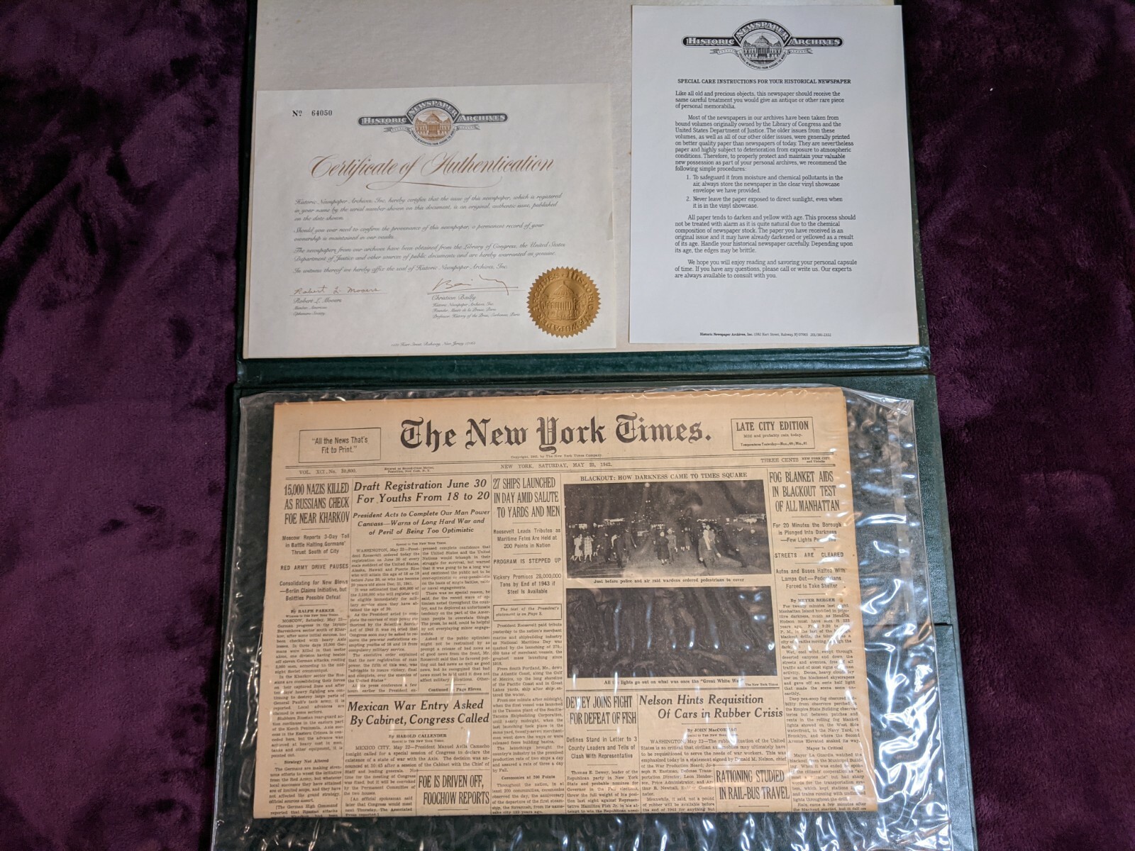 WWII USA May 23 1942 New York Times Newspaper With Case And COA RARE ODD WAR