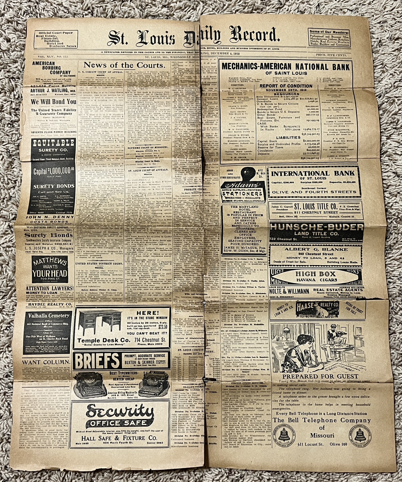 1912 ORIGINAL ST. LOUIS DAILY RECORD PARTIAL NEWSPAPER BELL TELEPHONE COMPANY AD