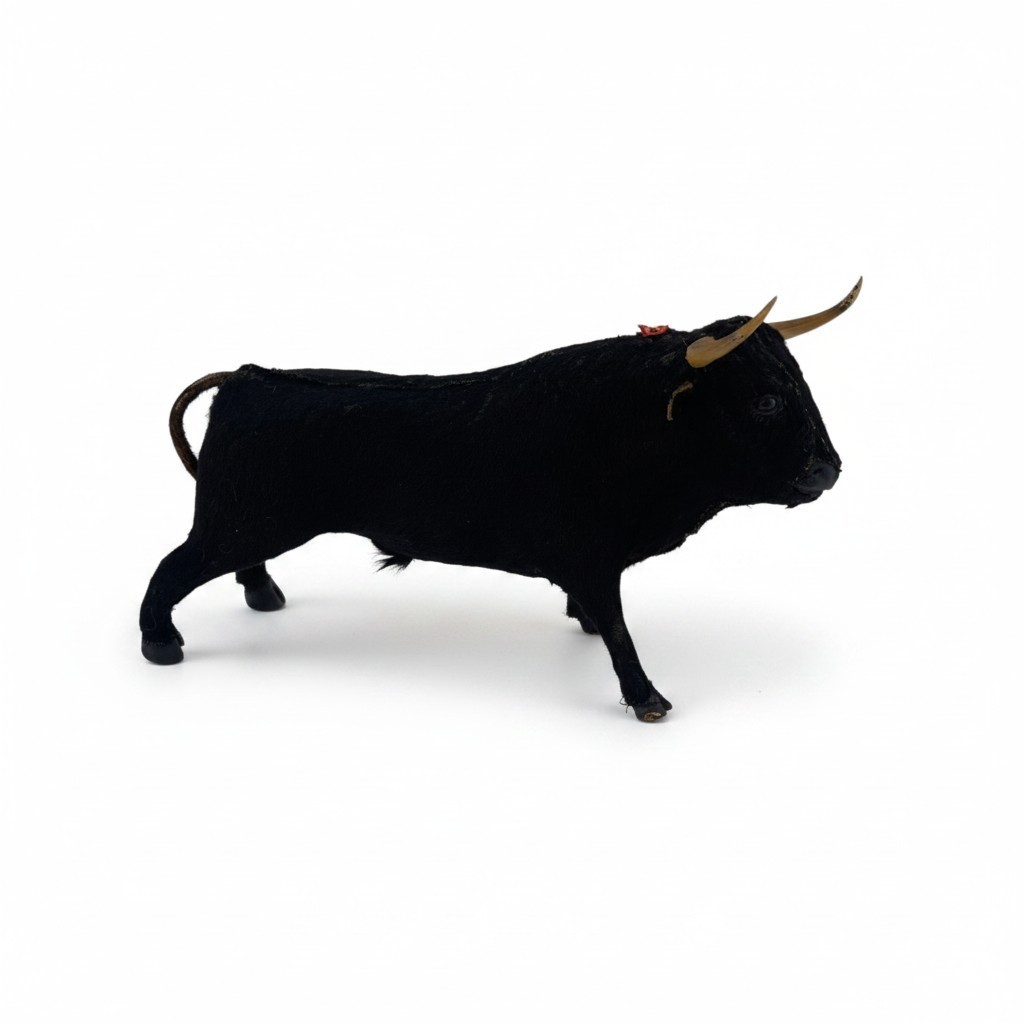 Vintage Spanish Fighting Bull Figurine Black Fur Hide Horns Spain Souvenir