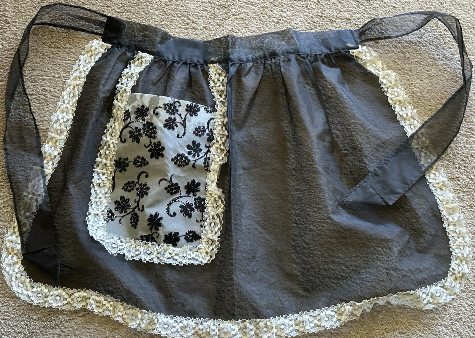 Vintage 1950\'s Half Apron Hostess Holiday Sheer Black Flocked Pocket w/Glitter