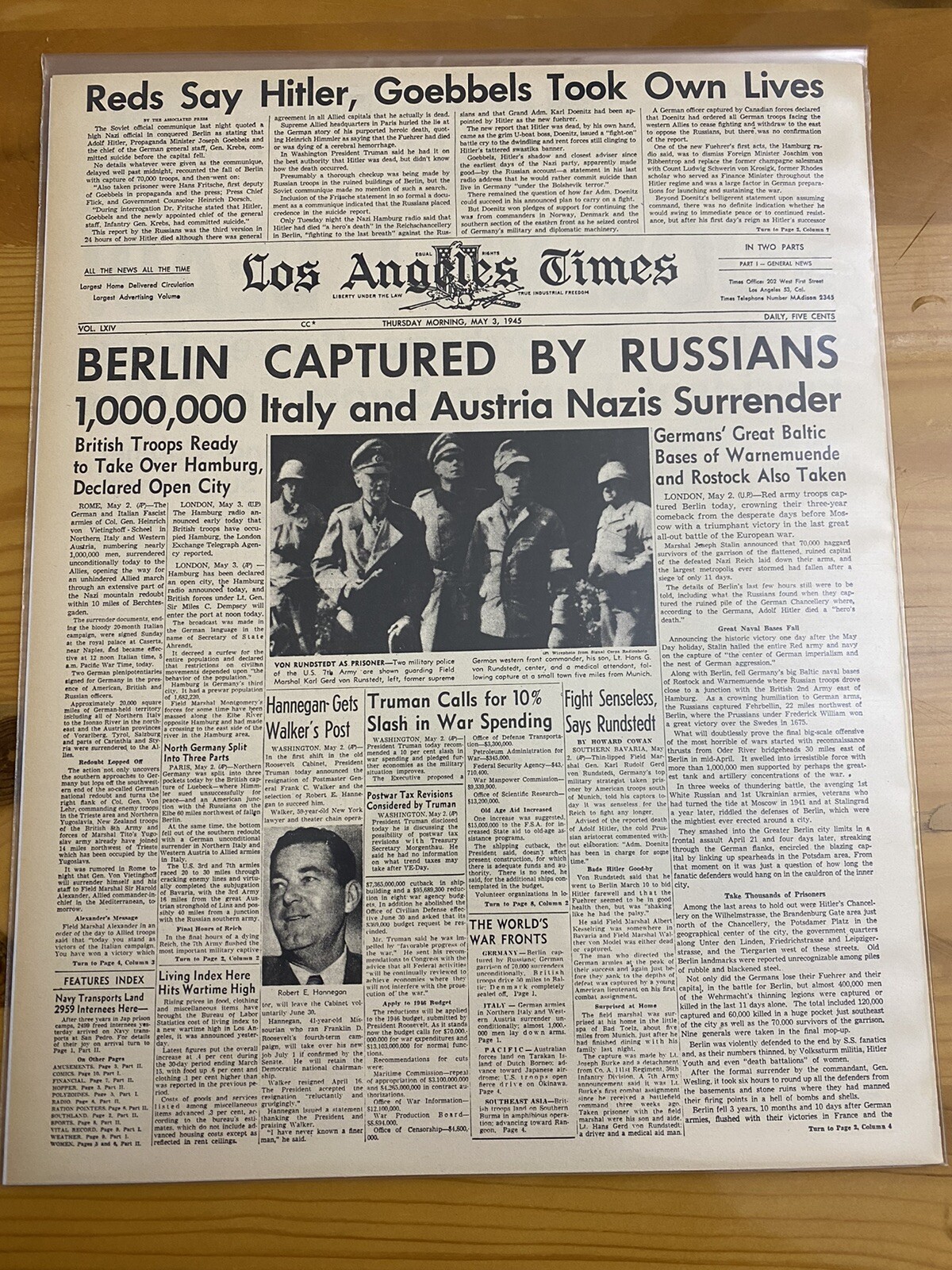 VINTAGE NEWSPAPER HEADLINE ~HITLER DEAD RUSSIANS TAKE BERLIN CAPITAL ~1945 WW2