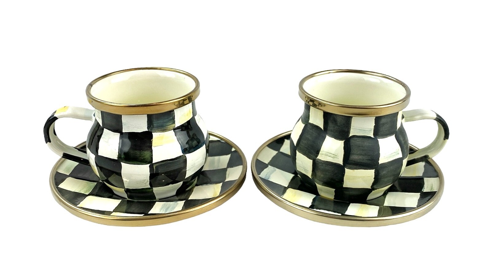 MacKenzie Childs Set of 2 Courtly Check Enamel Espresso Cup & Saucer Brand New