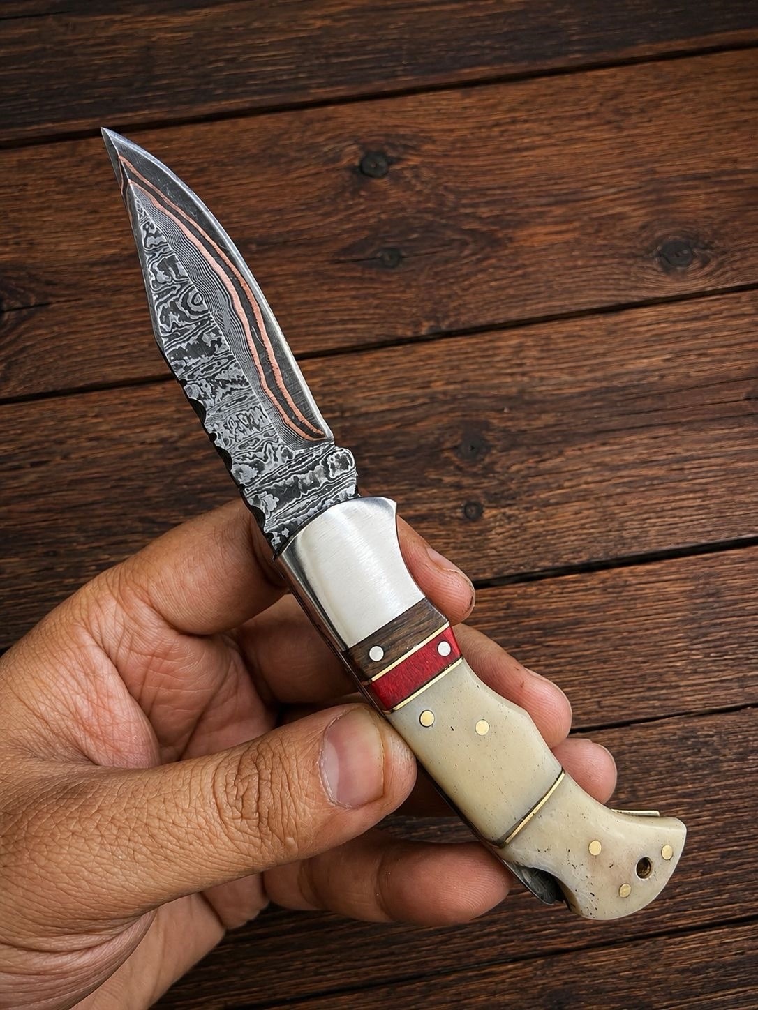 Luxury Copper Damascus Folding Knife–Handmade Cu Mai Pocket Knife EDC Gift