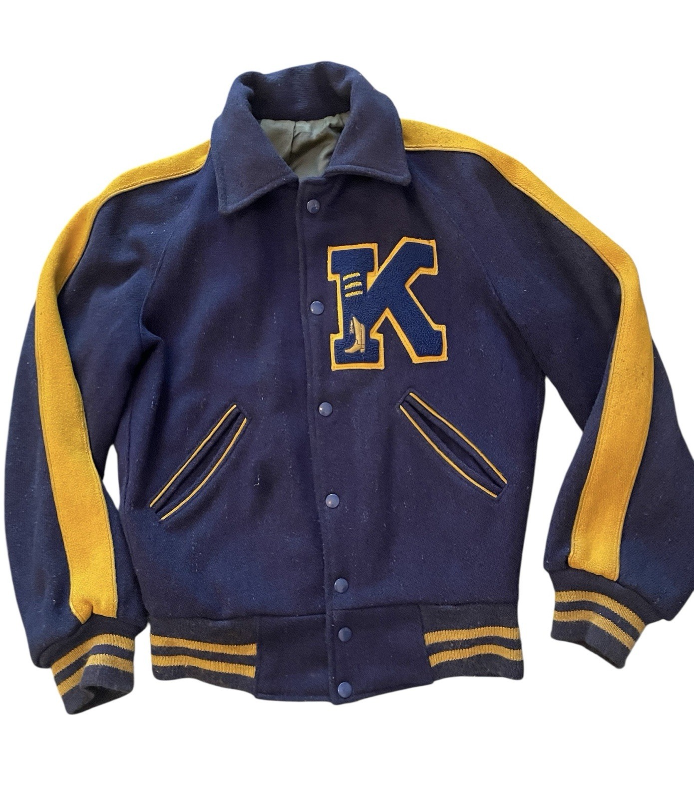 Vintage High School  Letter Jacket “K” 1970s  Blue Gold Wool Small