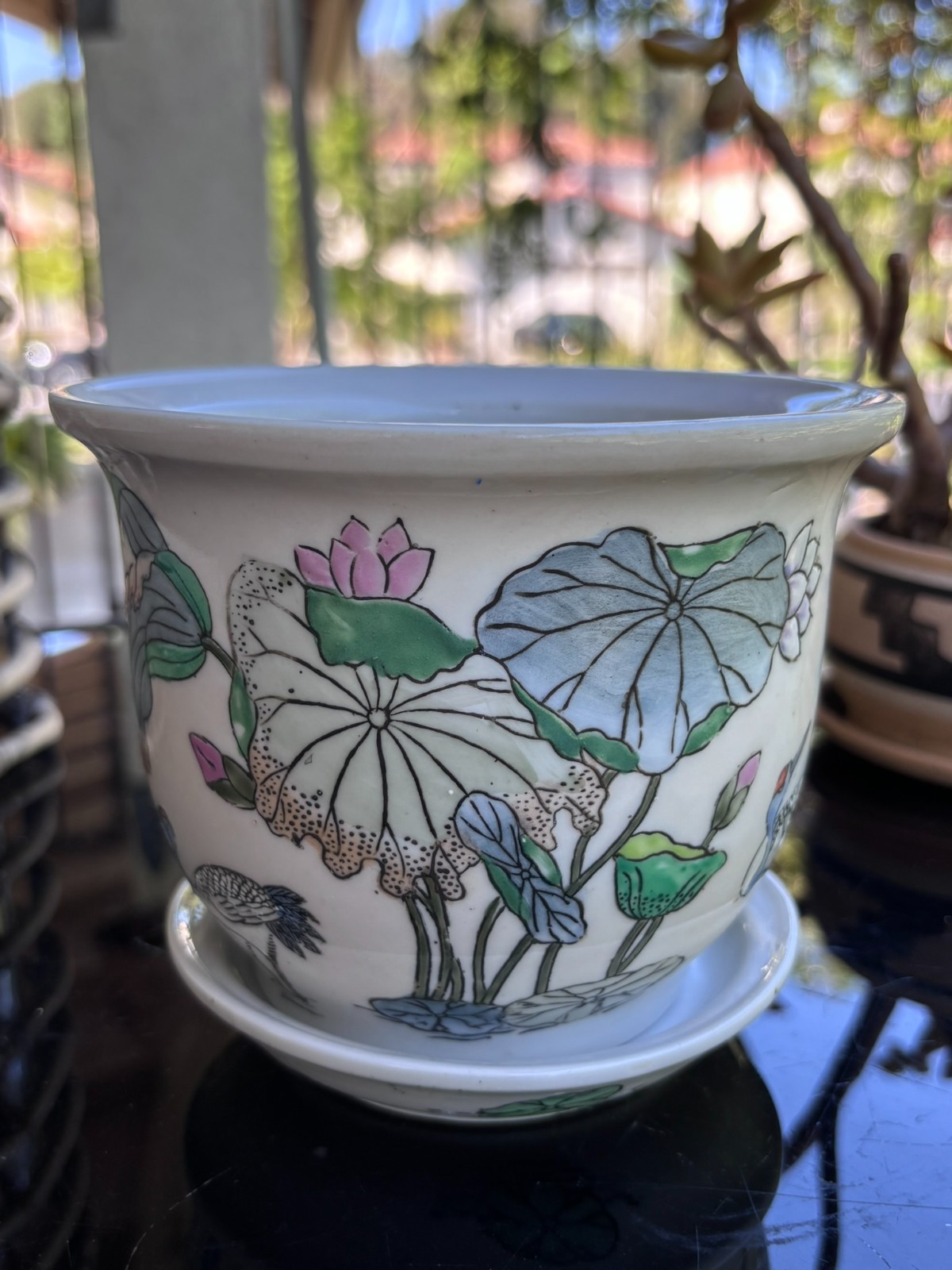 Vintage Japanese Chinoiserie Porcelain Planter Saucer Lotus Crane 5.5\