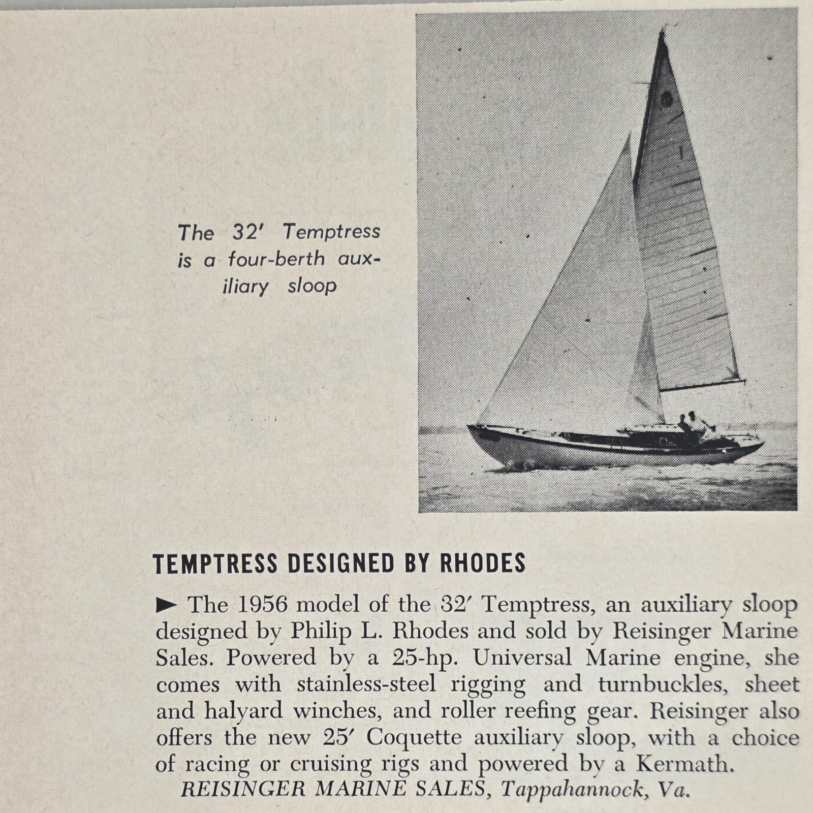 956 Print Ad Temptress 32\' Auxiliary Sloops Designed by Rhodes Tappahannock,VA