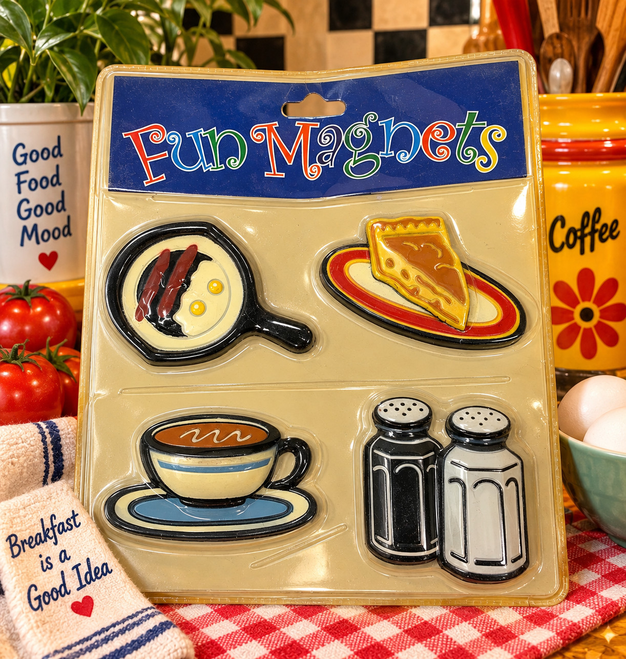 NEW Vtg Fun Magnets Food Fridge Magnet Set Bacon Eggs Pie Coffee Salt Pepper