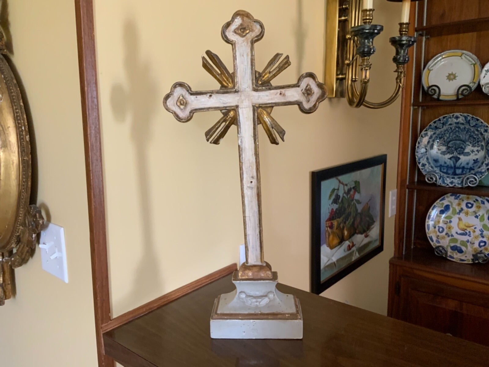 Antique French Italian Gilded Painted Cross Circa late 1700s