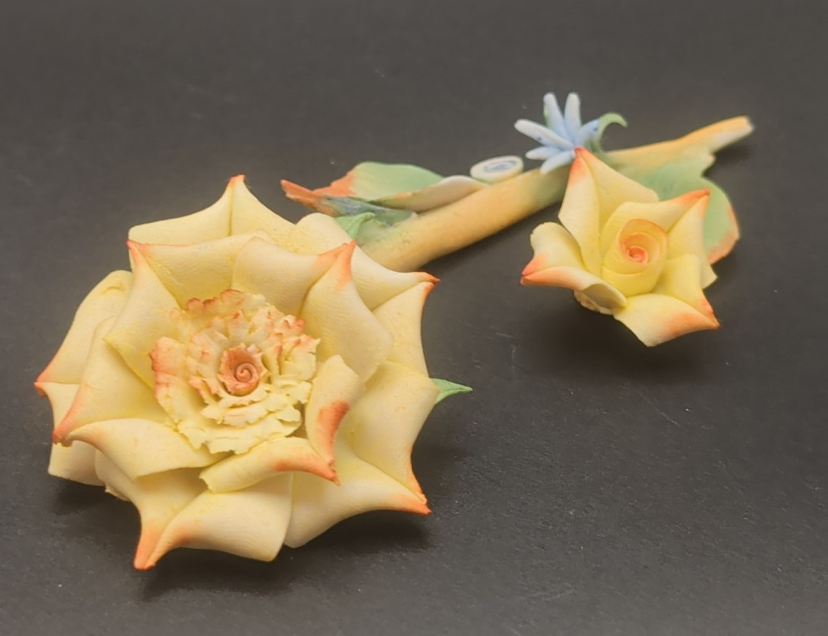 Vintage Capodimonte Porcelain Double Rose Flower Figurine Handmade Naples Italy