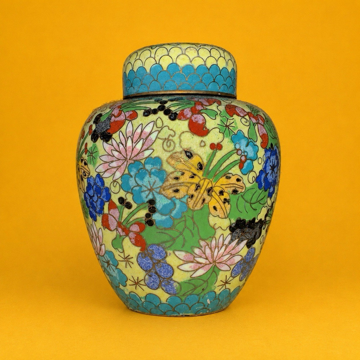 Vintage Chinese Cloisonne Enamel Ginger Jar Lidded Urn Floral Butterfly Decor